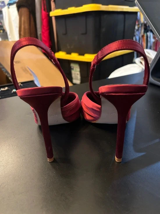 Zara Wine Red Satin Pointed Slingback Heels - Picture 6 of 6